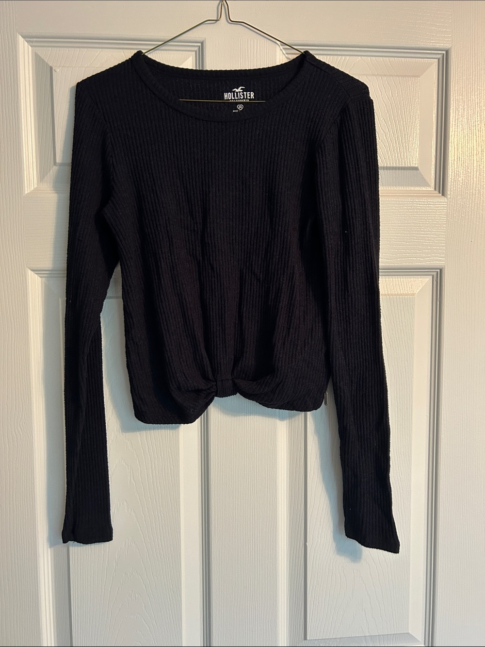 Hollister Black Rib-Knit Long Sleeve Top with Front Twist